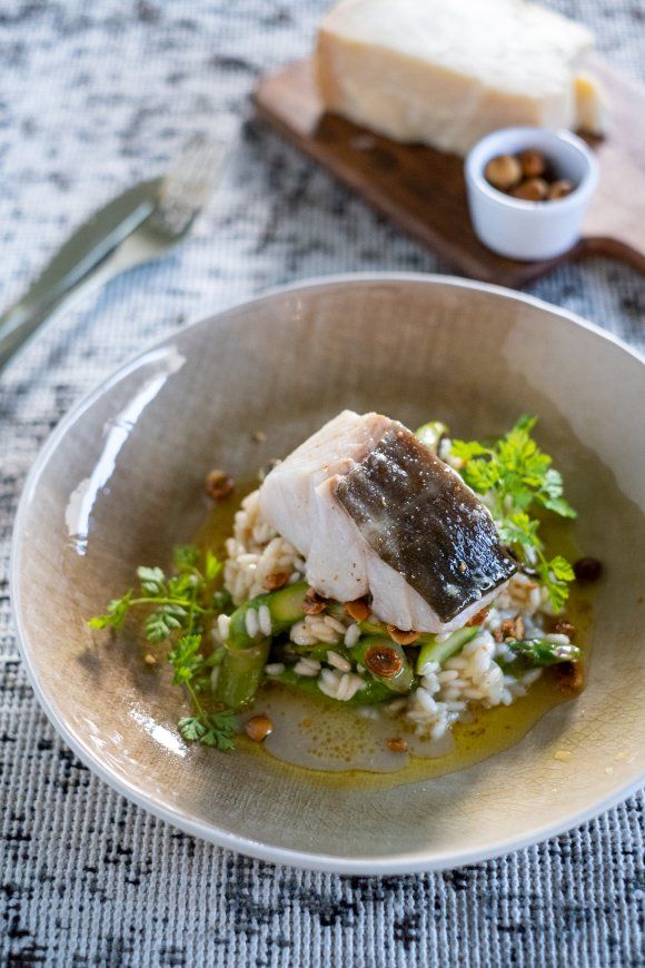 Risotto met groene asperges en kabeljauw