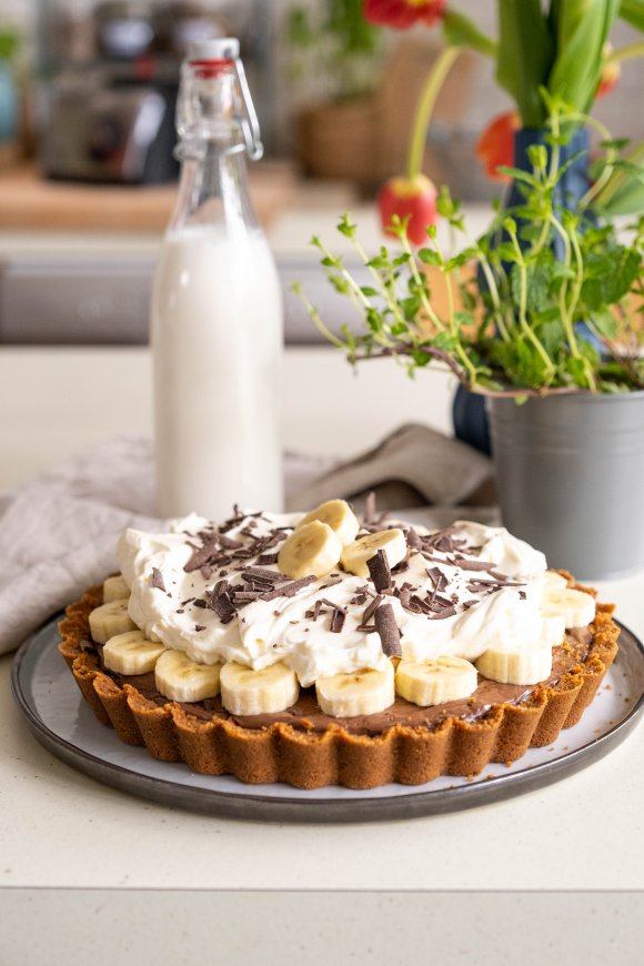 Chocolade puddingtaart met banaan